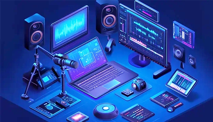 استودیو مدرن تولید محتوا با تجهیزات حرفه‌ای شامل لپ‌تاپ، میکروفون، دوربین، اسپیکر و مانیتورهای ویرایش صدا و تصویر در فضای دیجیتالی آبی – سایت ROMET