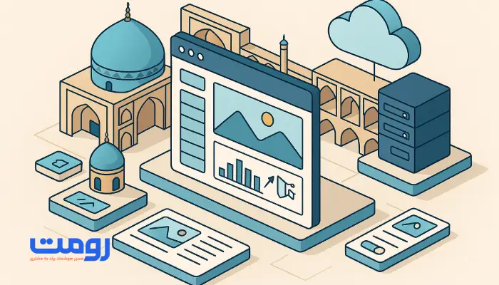تصویر ایزومتریک طراحی سایت با ترکیب معماری سنتی اصفهان و عناصر دیجیتال مثل مرورگر، نمودار و فضای ابری – پروژه ROMET
