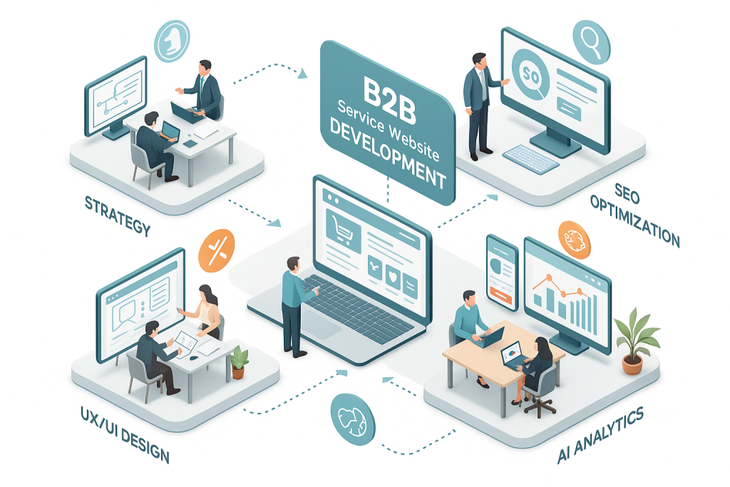 نمای ایزومتریک از مراحل توسعه وب‌سایت خدمات B2B شامل استراتژی، طراحی UX/UI، بهینه‌سازی سئو و تحلیل داده‌های مبتنی بر هوش مصنوعی، همراه با آیکون‌ها، نمودارها و محیط کاری مدرن.