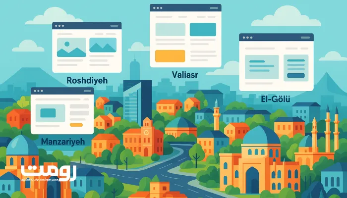 نمای گرافیکی حضور برندهای شرکتی در مناطق مختلف تبریز با تمرکز بر UX و سئو محلی