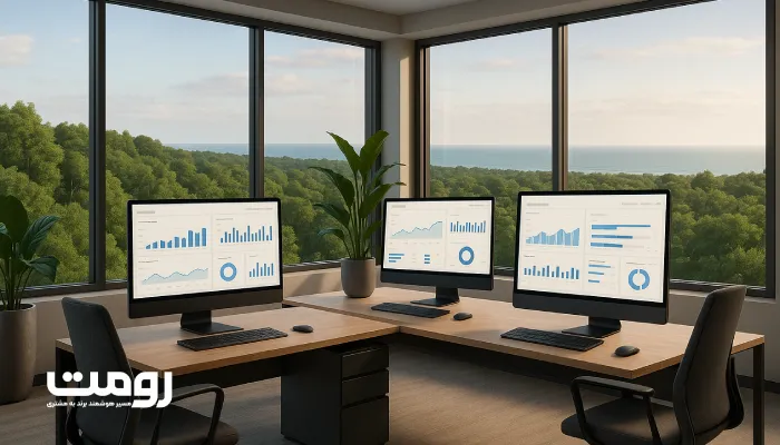 دفتر مدرن شرکتی در ساری با سه مانیتور نمایش‌دهنده نمودارها و تحلیل‌های داده، نمای پنجره رو به جنگل و دریای خزر