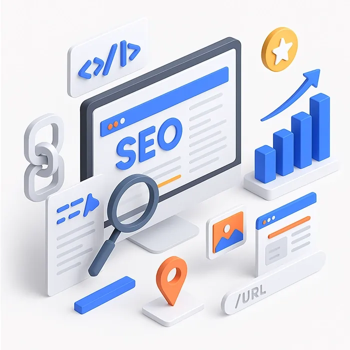 تصویر سه‌بعدی سئو سایت شرکتی با نمایش مانیتور حاوی عبارت SEO، نمودار رشد، نماد لینک‌سازی، ذره‌بین جستجو، نقشه موقعیت مکانی، آدرس URL و عناصر بصری کدنویسی