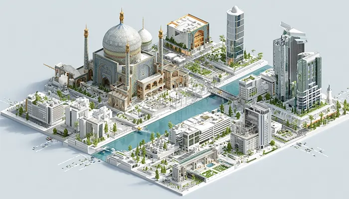 «نمای ایزومتریک از شهر اصفهان با معماری سنتی مسجد جامع و رودخانه زاینده‌رود در کنار ساختمان‌های مدرن»