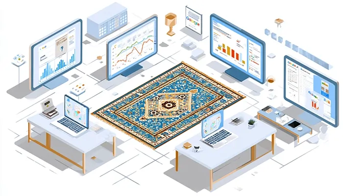 «سالن کاری مدرن با میزها، چند مانیتور نمایش‌دهنده نمودارهای تحلیلی و فرش ایرانی آبی در مرکز تصویر»