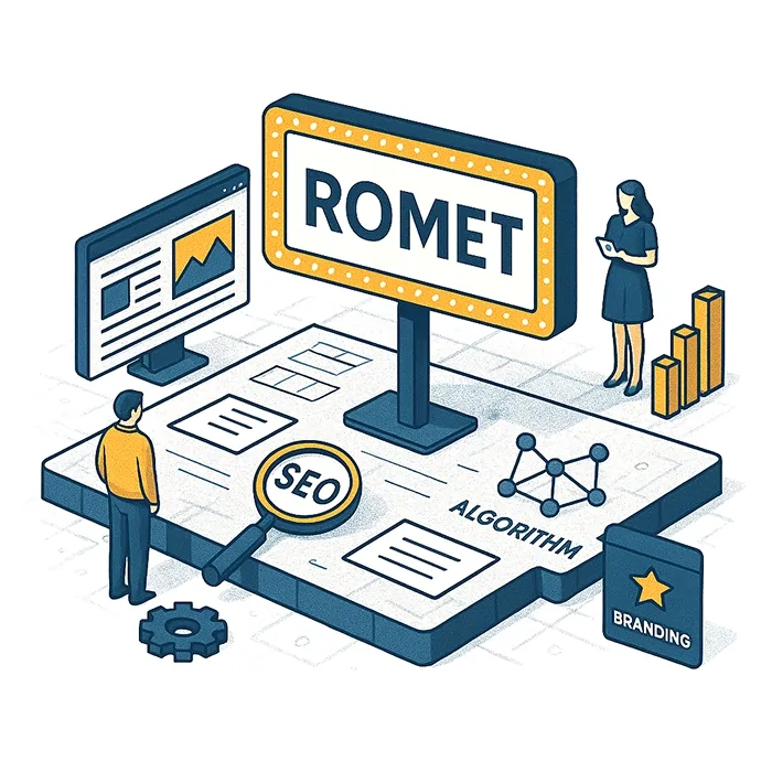 «تصویر ایزومتریک از فرایند طراحی هویت دیجیتال با تمرکز بر برند ROMET؛ شامل عناصر سئو (SEO)، الگوریتم، برندینگ و طراحی وب‌سایت»