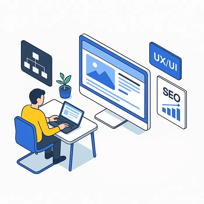 «تصویر ایزومتریک از طراحی رابط کاربری (UI/UX) و بهینه‌سازی سئو با تمرکز بر ساختار سایت؛ شامل فردی در حال طراحی سایت با لپ‌تاپ و مانیتور، و آیکون‌های UX/UI و SEO»
