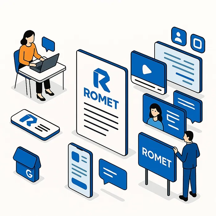 «تصویر ایزومتریک از عناصر هویت دیجیتال برند ROMET؛ شامل طراحی پروفایل، شبکه‌های اجتماعی، و کاربرانی در حال تعامل با محتوای برند»