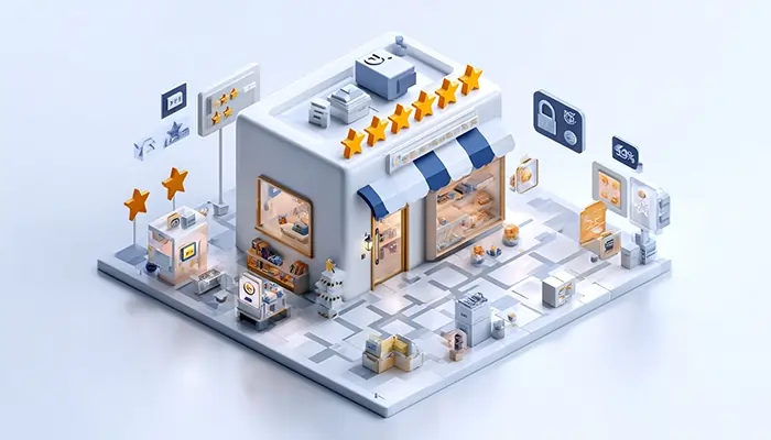 ایزومتریک فروشگاه آنلاین با رتبه پنج ستاره و نمایش ویترین دیجیتال محصولات