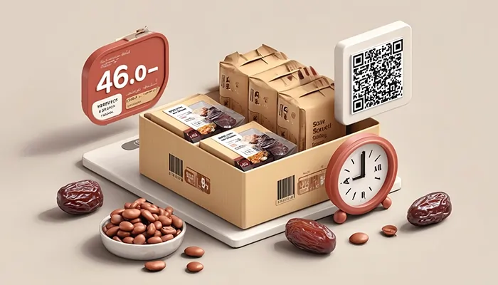 «جعبه بسته‌بندی خرما با ساعت، بارکد QR و قیمت‌گذاری دیجیتال در محیط فروش آنلاین»