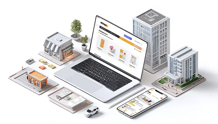 «لپ‌تاپ و موبایل نمایش‌دهنده وب‌سایت فروشگاهی در کنار ماکت ساختمان‌ها و فروشگاه‌های کوچک شهری»