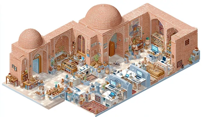 معماری سنتی آجری یزد ترکیب‌شده با فروشگاه آنلاین و نمایش دیجیتال محصولات