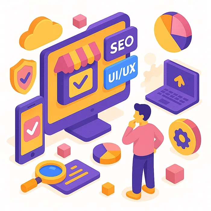 تصویر مفهومی طراحی فروشگاه اینترنتی با تمرکز بر بهینه‌سازی سئو و تجربه کاربری (UI/UX)، نمایش نمودارها، نماد امنیت، ذره‌بین جستجو و ریسپانسیو بودن سایت