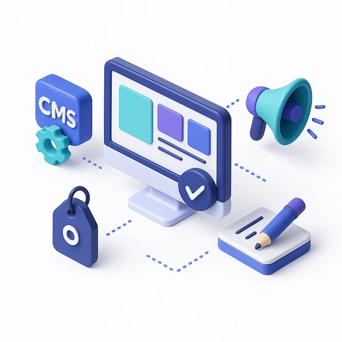 تصویر سه‌بعدی طراحی سایت با سیستم مدیریت محتوا (CMS)، پنل مدیریت، ابزار ویرایش محتوا، تگ قیمت و بلندگوی بازاریابی دیجیتال