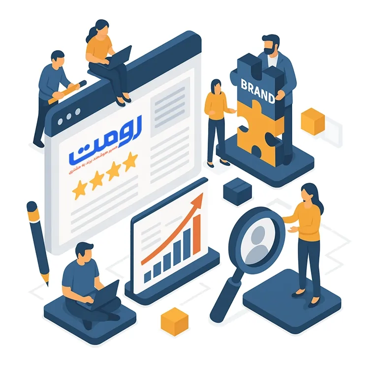 طراحی ایزومتریک تیم در حال ساخت برند با نماد پازل، نمودار رشد و صفحه نمایش رومت، مسیر هوشمندانه برند به مشتری