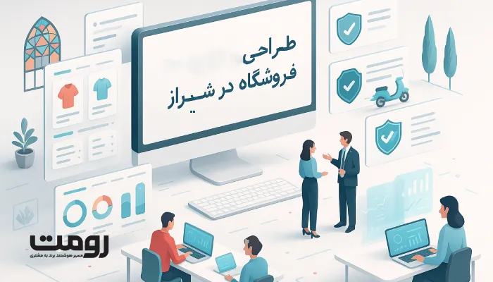 طراحی وب‌سایت فروشگاه در شیراز؛ استودیوی طراحی ایزومتریک با کارت‌های محصول فارسی، فیلتر دسته‌بندی، نمودارهای GA4/CWV و نمادهای اعتماد