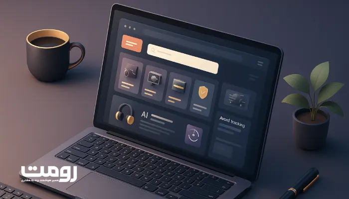 • • صحنه ایزومتریک سه‌بعدی از طراحی سایت Marketplace برای بازار تخصصی، شامل پنل مدیریت فروشندگان، دسته‌بندی محصولات، نوار جستجوی پیشرفته و جزئیات میز کار لوکس.