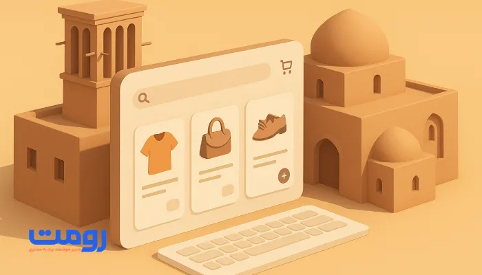 تصویر سه‌بعدی ایزومتریک از فروشگاه اینترنتی مدرن با عناصر رابط کاربری و محصولات، در کنار معماری سنتی یزد شامل بادگیر و گنبد، ترکیب فناوری و اصالت بومی.