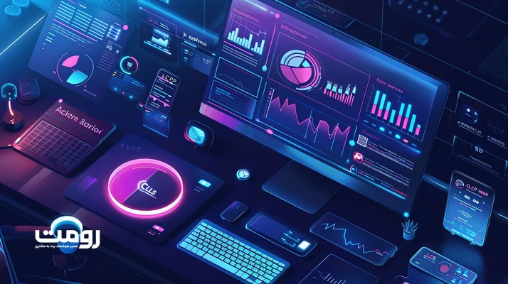 تصویر مفهومی داشبورد Core Web Vitals با شاخص‌های LCP، INP و CLS در موبایل و دسکتاپ برای بهینه‌سازی سرعت و تجربه کاربری سایت