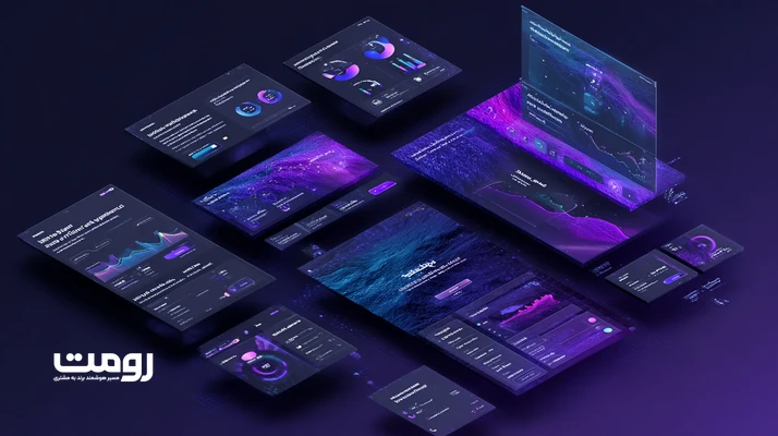 تصویر مفهومی طراحی وب هوشمند در ۲۰۲۶؛ تلفیق کد و تجربه کاربری با AI Website Builder و UX خودکار برای برندهای ایرانی در رومت