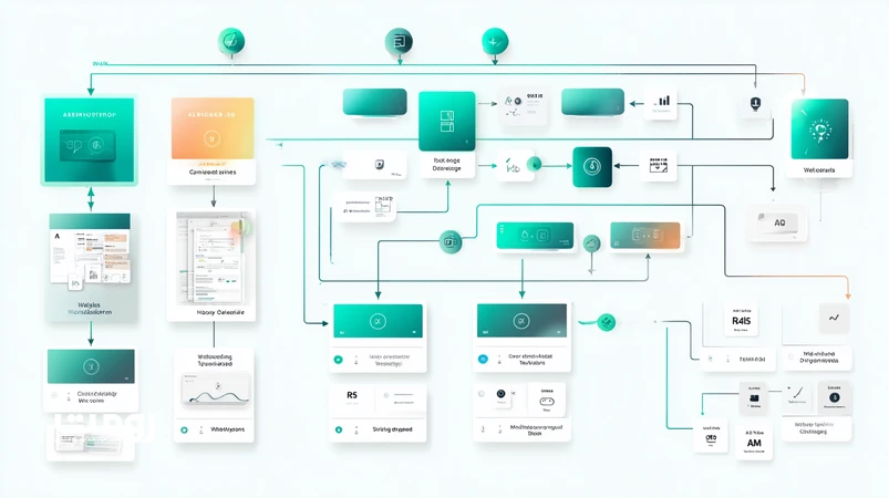 فلوچارت مینیمال Human+AI برای طراحی وب با هوش مصنوعی در ۱۴۰۵ با نقاط کنترل کیفیت، شامل IA، وایرفریم، Design Tokens، تولید محتوا، CMS Schema، تست و RUM.