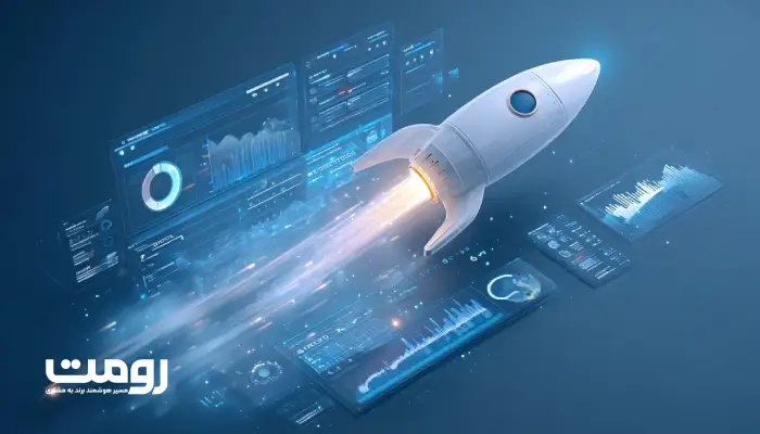 تصویر مفهومی از طراحی وب‌سایت سریع، سبک و سئو‌پسند در سال ۲۰۲۶؛ رابط کاربری مدرن با رنگ‌های آبی و سفید، نمایش داده‌ها و سرعت بارگذاری بالا در محیطی آینده‌گرای دیجیتال