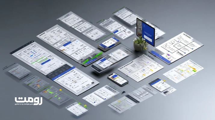 تصویر مفهومی معماری تجربه کاربر در طراحی سایت: نقشه مسیر کاربر، وایرفریم، فلوچارت و CTA روی چند صفحه واکنش‌گرا برای افزایش نرخ تبدیل