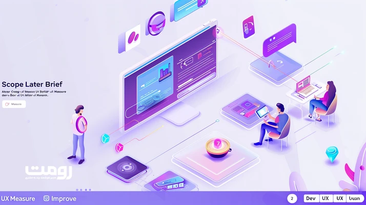 تصویر مفهومی اشتباهات طراحی سایت در ایران: مقایسهٔ پروژهٔ آشفته با رویکرد داده‌محور و چرخهٔ طراحی–اجرا–اندازه‌گیری–بهبود در رومت، با تاکید بر سئوی فنی و سرعت.