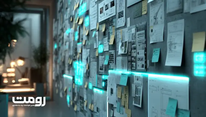 دیوار خلاقانه طراحی با اسکچ‌های وایرفریم، یادداشت‌های رنگی و ایده‌های تولیدشده توسط هوش مصنوعی در نور گرم و فضای مدرن؛ ترکیب رنگ سفید و فیروزه‌ای، نمادی از روند طراحی هوشمند در رومت.