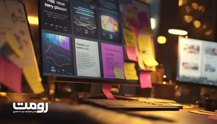 محیط کاری مدرن با نمایشگر بزرگ که فرآیند تولید تیترهای جذاب توسط مدل‌های زبانی هوش مصنوعی را نشان می‌دهد؛ نمودار نرخ کلیک، یادداشت‌های رنگی روی میز و نور گرم خلاقانه.
