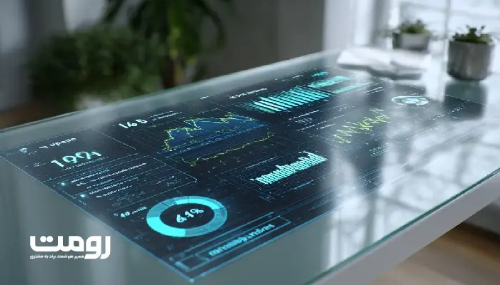 رابط کاربری هولوگرافیک از نمودارهای سرچ کنسول و تحلیل هوش مصنوعی ChatGPT در فضای سفید و مدرن؛ نماد همکاری انسان و هوش مصنوعی در تحلیل سئو.