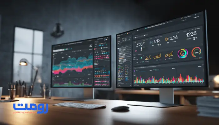 میز کاری مدرن با دو مانیتور که شاخص‌های Core Web Vitals شامل LCP، CLS و FID را برای وب‌سایت‌های ایرانی نمایش می‌دهد؛ نور طبیعی گرم، فضای واقعی و حس تخصصی در بهینه‌سازی فنی.