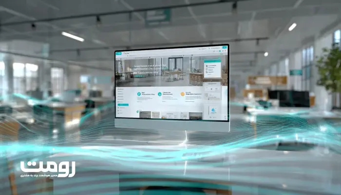 میز کاری مدرن با مانیتور بزرگی که صفحه اصلی یک وب‌سایت شرکتی با بخش گواهی اعتماد و معرفی خدمات را نمایش می‌دهد؛ نور طبیعی، رنگ‌های سفید و فیروزه‌ای و جلوه‌های هوش مصنوعی در پس‌زمینه، نمادی از اعتمادسازی دیجیتال در طراحی وب.