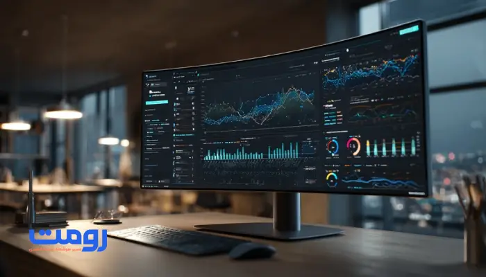 نمایی واقعی از محیط کاری مدرن با مانیتور فوق‌عریض که ساختار SGE گوگل و نمودار ترافیک ارگانیک برندهای ایرانی را نشان می‌دهد؛ تصویر با نور سرد، عمق میدان سینمایی و فضای حرفه‌ای دیجیتال مارکتینگ.