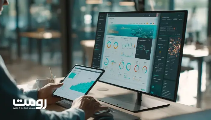 دست‌های یک طراح تجربه کاربر در حال تنظیم ساختار صفحه لندینگ روی مانیتور، در کنار تبلتی که نقشه حرارتی رفتار کاربران را نمایش می‌دهد؛ محیطی روشن با جلوه‌های هوش مصنوعی و رنگ‌های سفید و فیروزه‌ای، نمادی از طراحی داده‌محور صفحات وب.