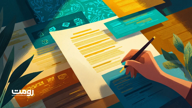 ترکیب محتوای هوش مصنوعی با صدای برند؛ تصویر تعامل انسان و AI با راهنمای لحن برای تولید محتوای انسانی و یکنواخت