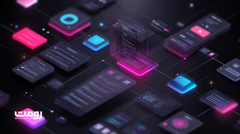 تصویر ایزومتریک از همگرایی محتوا و رابط کاربری با هوش مصنوعی در وب؛ نمایش رابط‌های زنده و محتوای واکنشی در سال ۲۰۲۶