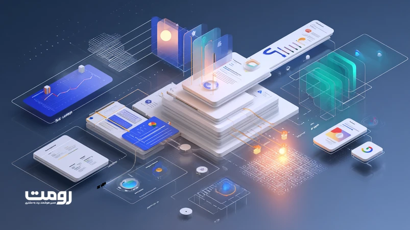 ایلوستریشن ایزومتریک استراتژی محتوای آینده با هوش مصنوعی در سال ۲۰۲۶؛ خوشه‌های موضوعی، صفحه ستون، سیگنال‌های UX و نمای نتایج گوگل برای تثبیت جایگاه برند
