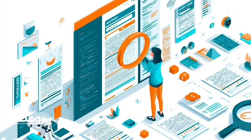 تصویر ایزومتریک از ارزیابی نتایج جست‌وجو؛ مقایسه محتوای تولیدشده با هوش مصنوعی با نشان‌های اعتماد، معماری اطلاعات شفاف و مدل AI + Human Review