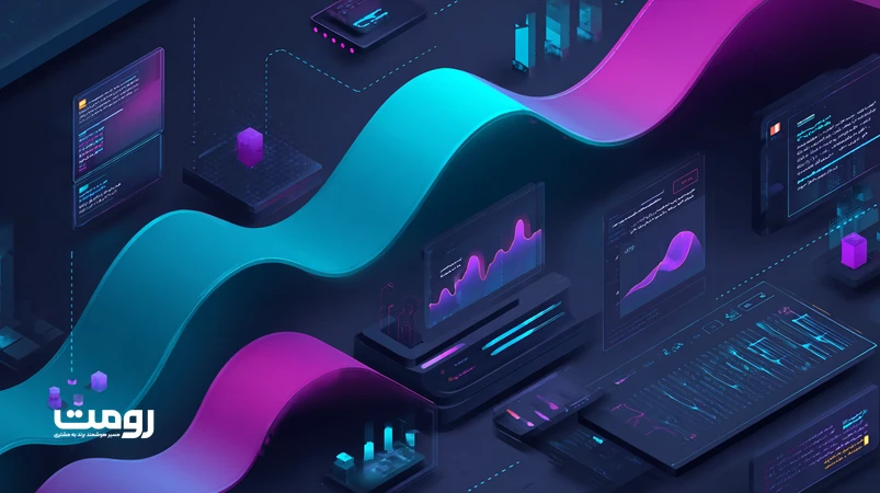 تصویر ایزومتریک از شکل‌گیری صدای متمایز برند با هوش مصنوعی در ۲۰۲۶؛ امواج صوتی، تایپوگرافی فارسی و پنل‌های UI برای نمایش مدل‌های زبانی و تجربه کاربر
