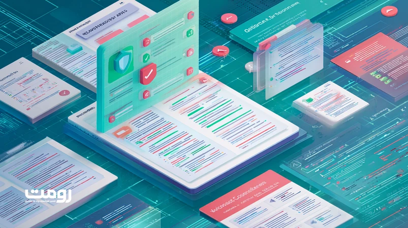 تصویر مفهومی از نقش هوش مصنوعی در تشخیص محتوای جعلی در نتایج جست‌وجو با پرچم‌های هشدار، بررسی استناد و سپر اعتماد برند