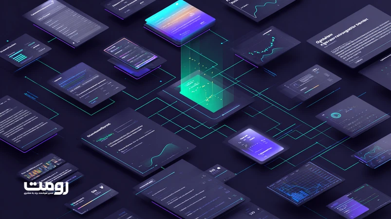 تصویر ایزومتریک گذار از Mobile-First به AI-First؛ رابط تطبیقی با مدل‌های پیش‌بینی، سیگنال‌های اسکرول و تپ و چیدمان RTL در محیط آینده‌نگر