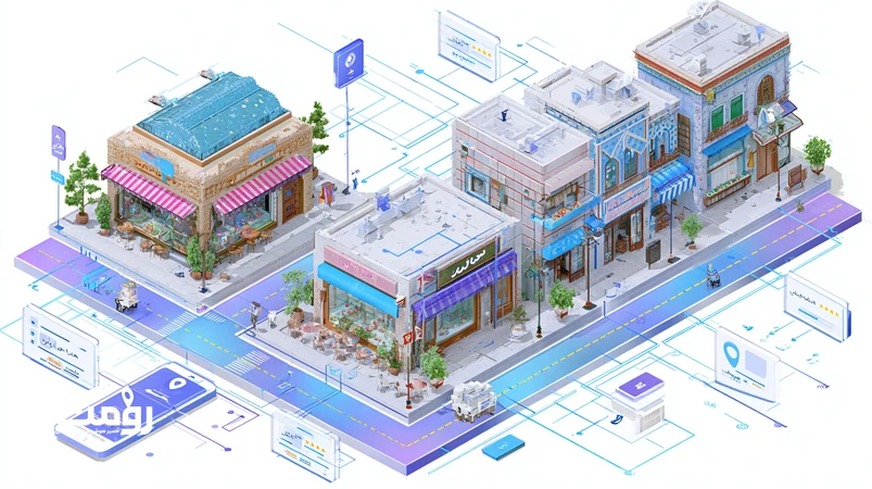 تصویر ایزومتریک از تأثیر هوش مصنوعی بر سئوی محلی در ایران؛ فروشگاه‌های محلی، پین‌های نقشه، گراف دانش و نتایج شخصی‌سازی‌شده روی موبایل.