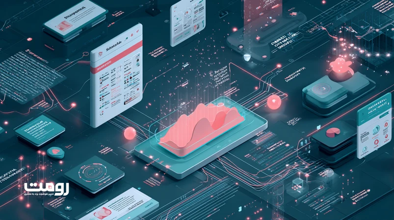 ایلوستریشن ایزومتریک از نقش هوش مصنوعی در تولید مداوم محتوا و حفظ حضور دیجیتال برند در ۲۰۲۶، با عناصر جست‌وجو و شبکه‌های اجتماعی