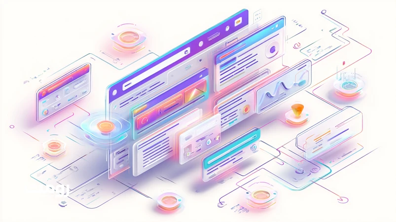 تصویر ایزومتریک از SERP پویا با سیستم‌های توصیه‌گر هوش مصنوعی که نتایج شخصی‌سازی‌شده و خوشه‌های محتوایی را نشان می‌دهد.