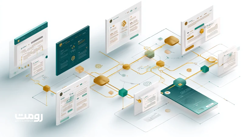 تصویر ایزومتریک شبکهٔ اعتماد هوش مصنوعی که جایگزینی تدریجی E‑E‑A‑T در سئو را با گره‌های موجودیت، استناد و سیگنال‌های چندمدلی نشان می‌دهد.