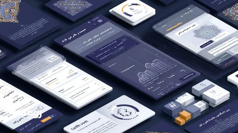 تصویر ایزومتریک از هوش مصنوعی در طراحی رابط کاربری با نمایش Auto Layout، کامپوننت‌های تطبیقی و شخصی‌سازی پویا در رابط فارسی RTL