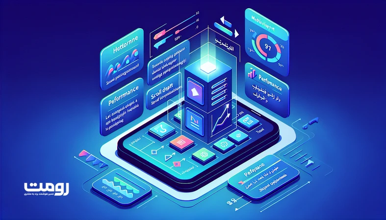 تصویر ایزومتریک از یک رابط وب فارسی راست‌به‌چپ که با سلسله‌مراتب بصری، داده‌های رفتار کاربر و بهینه‌سازی سرعت، اقتصاد توجه در طراحی وب را نشان می‌دهد