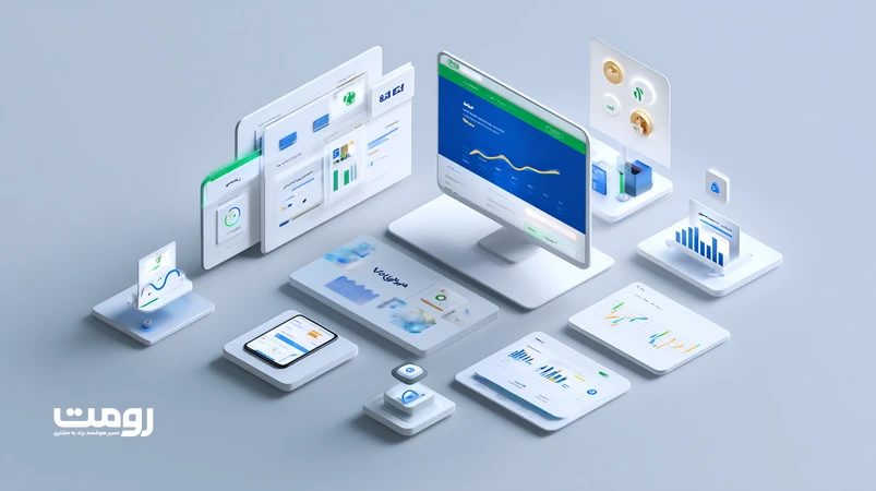 تصویر ایزومتریک از وب‌سایت برندمحور به‌عنوان سرمایه‌گذاری: هاب اعتماد، سئو، قیف تبدیل و داشبورد تحلیل در طراحی وب ۲۰۲۶