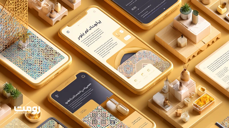 تصویر ایزومتریک از وب‌سایتی روایت‌محور با ساختار محتوا، تایپوگرافی معنادار و تعامل‌های بصری برای طراحی وب‌سایت و روایت برند