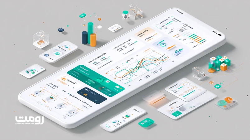 تصویر ایزومتریک از داشبورد تحلیل رقبا با ChatGPT؛ نمایش خوشه‌های نیت، گراف موجودیت‌ها و نقشه لینک‌سازی داخلی برای SERP گوگل
